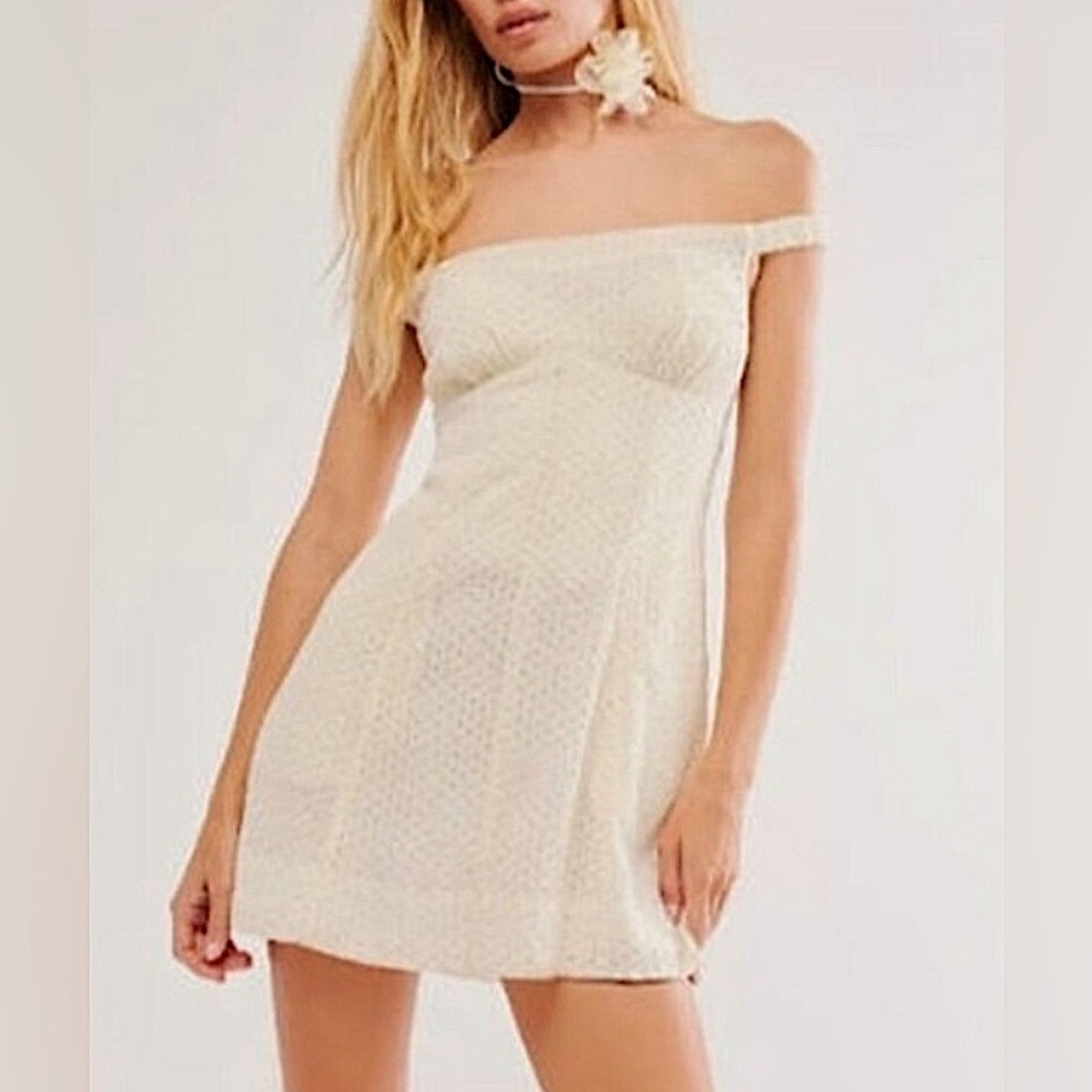 Free People New with Tags Berry Kiss Eyelet Off the Shoulder Minidress Cream